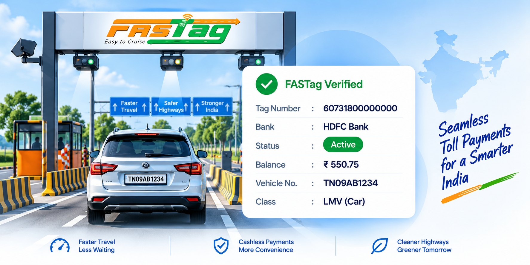 FASTag toll verification illustration — Seamless Toll Payments for a Smarter India