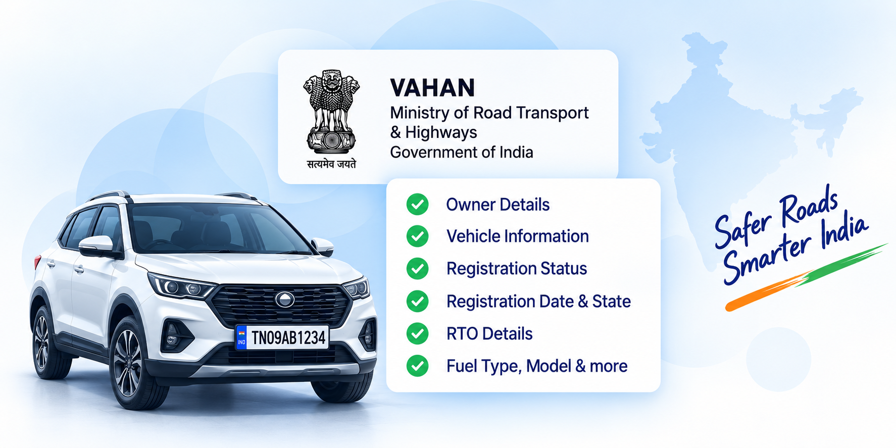 VAHAN vehicle verification illustration — Safer Roads, Smarter India